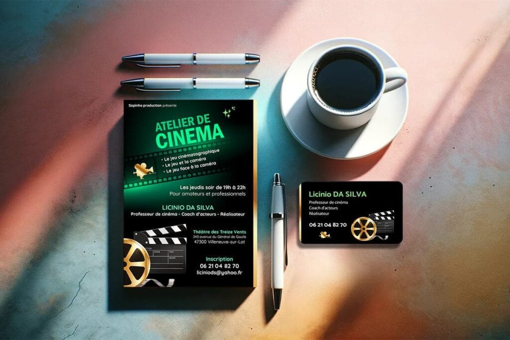 mockup présentant le flyer et la carte de visite de Sapinho production