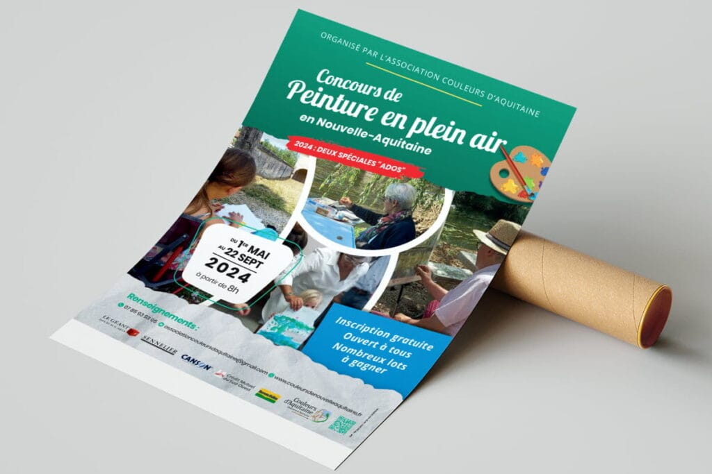 mockup présentant l'affiche pour la saison 2024 des Concours de Peinture en Plein Air par l'association Couleurs d'Aquitaine