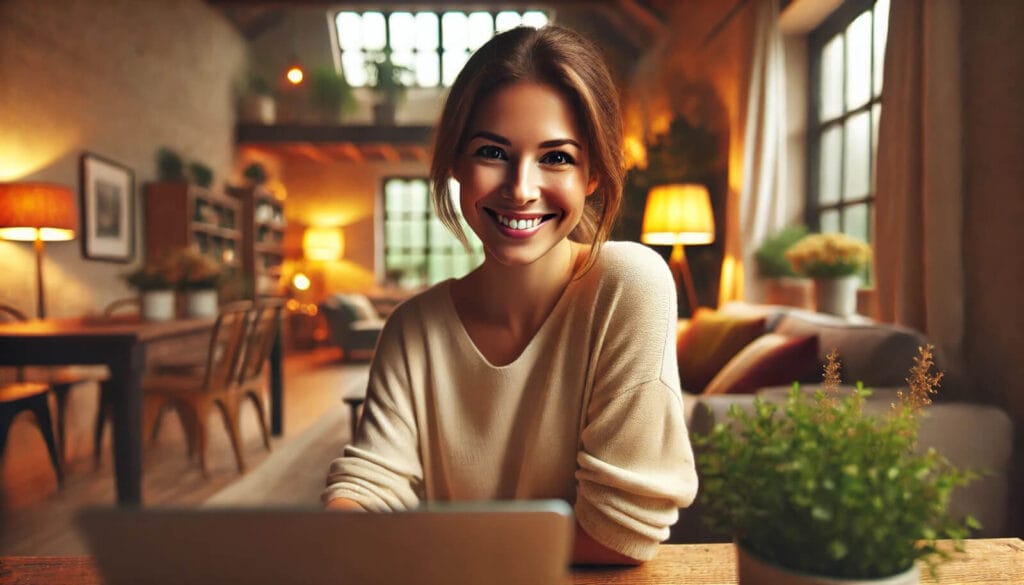 une créatrice de sites Web avec un sourire amical et authentique travaillant sur son ordinateur portable