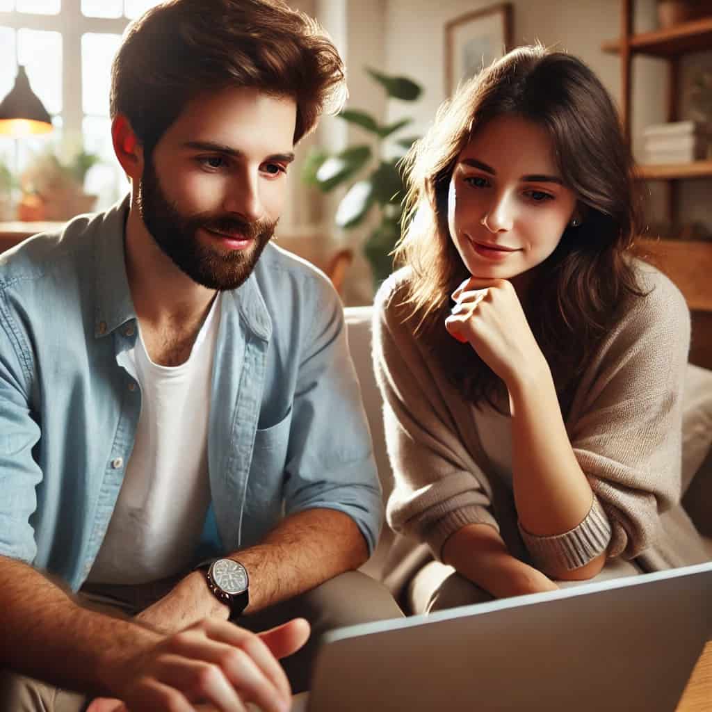 un webdesigner et une femme discutent d'un projet de site vitrine sur un ordinateur portable