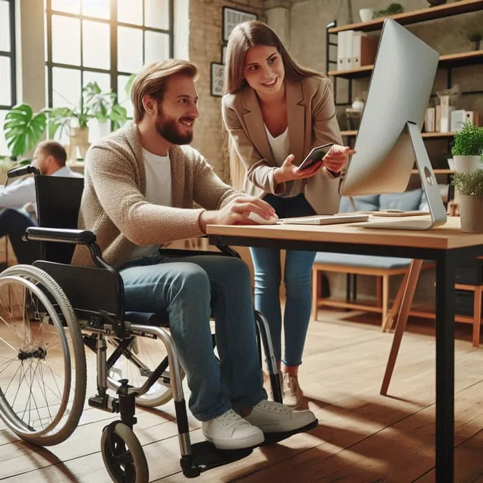 Webdesigner discutant avec un client en fauteuil roulant dans un bureau moderne et chaleureux