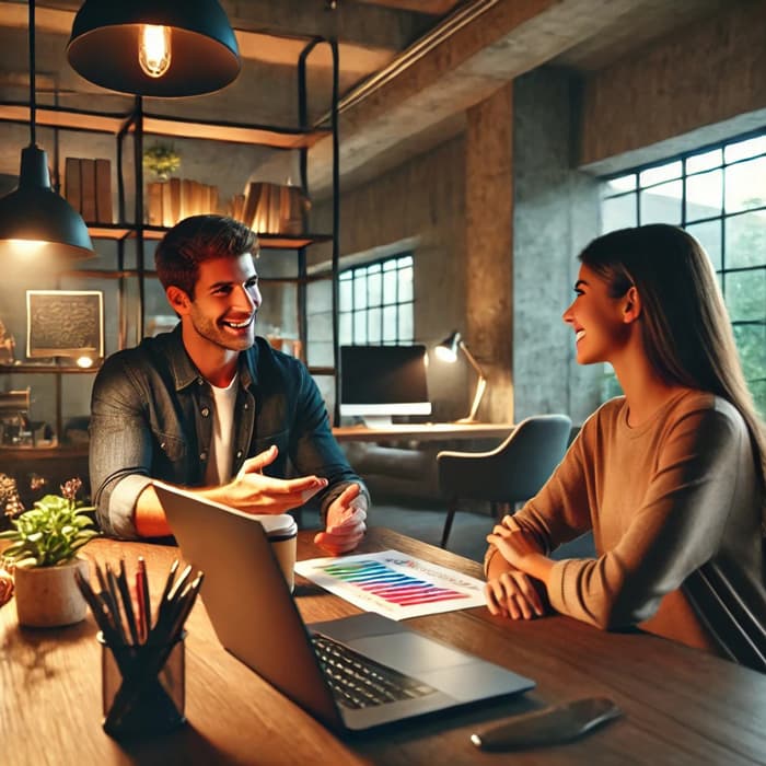 Webdesigner discutant stratégie digitale avec une cliente dans un bureau détendu