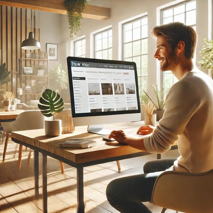 Webdesigner travaillant sur un ordinateur dans un espace de bureau lumineux organisant du contenu web via un CMS