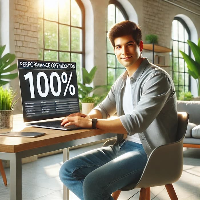 Personne satisfaite devant un ordinateur affichant un score d'optimisation de 100%