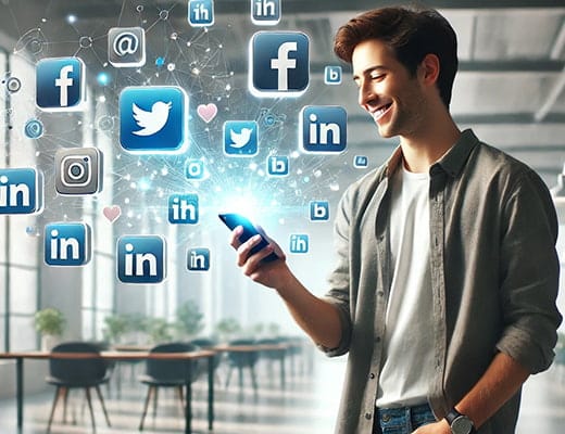 Personne utilisant un smartphone avec des logos de réseaux sociaux flottants