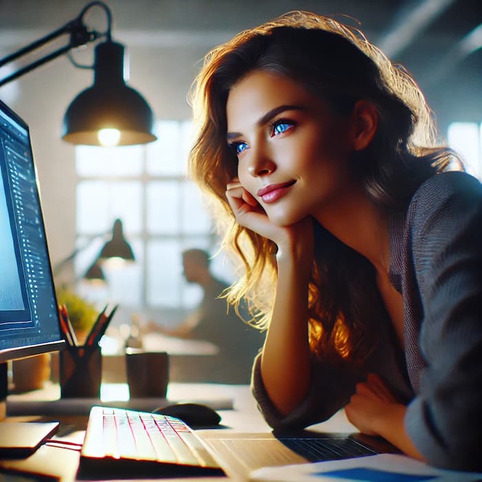 Femme expressive et créative travaillant sur un ordinateur grand écran