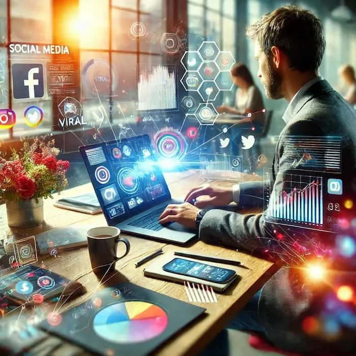 Stratège des réseaux sociaux créant du contenu viral dans un espace de travail moderne