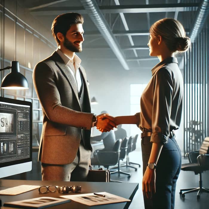Deux professionnels se serrent la main dans un bureau