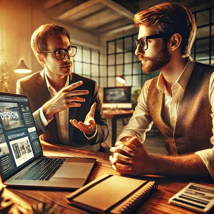 Webdesigner expliquant un design à un client portant des lunettes épaisses