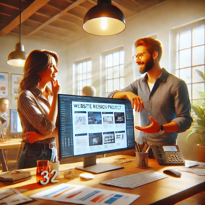 Deux professionnels discutent devant écran de conception de refonte de site