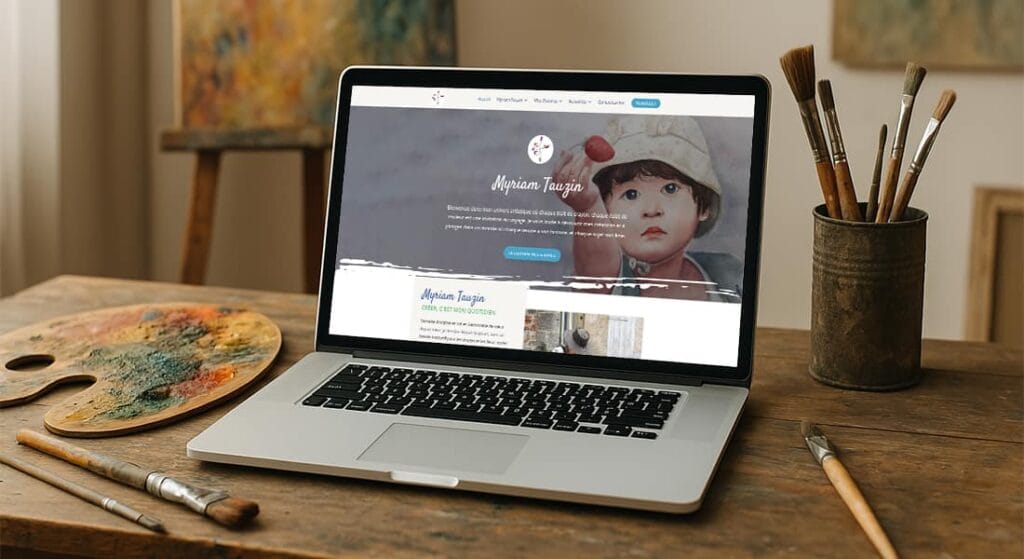 Ordinateur affichant site artistique, atelier peinture