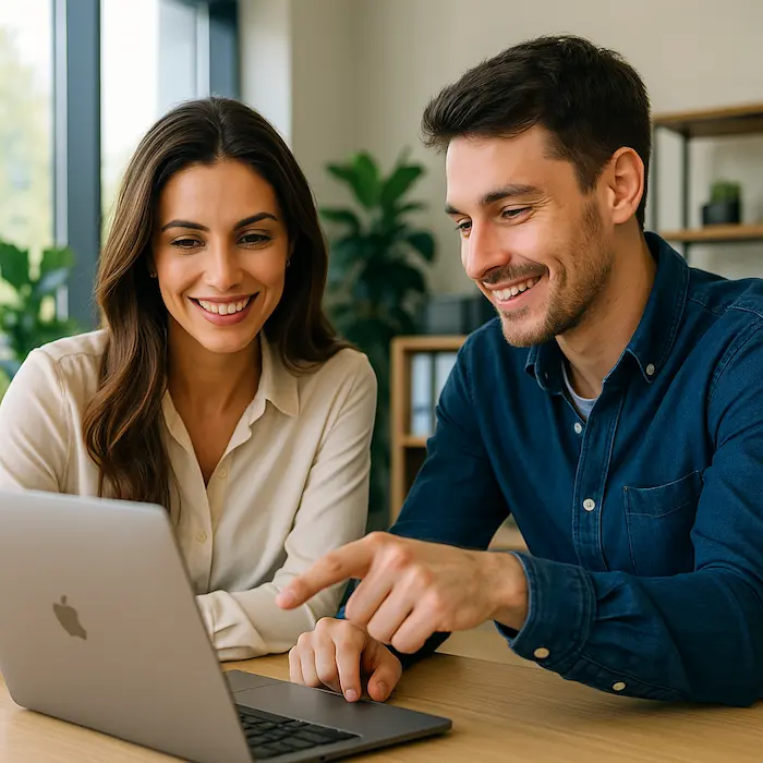 Jeune webdesigner souriant expliquant la publicité Facebook à une femme dans un bureau lumineux