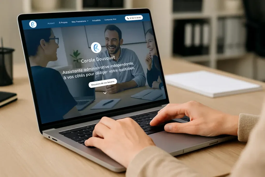 Une femme consulte le site web Carole Bousquet sur son ordinateur portable dans un bureau professionnel