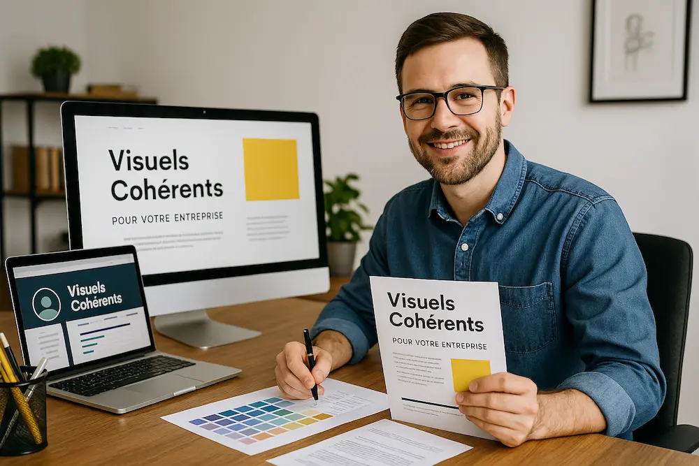Webdesigner présentant palette et gabarits pour une Cohérence visuelle simple