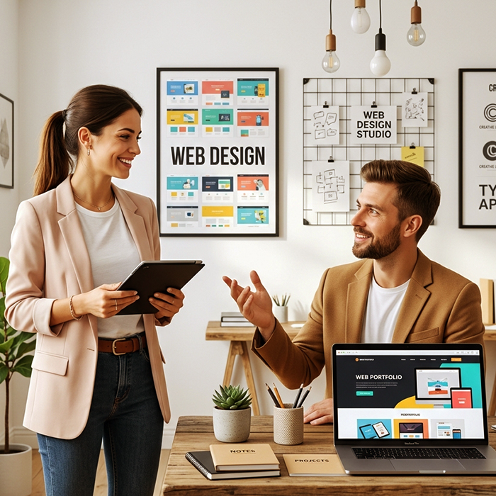 Webesigner discutant avec un client dans un bureau avec un portfolio de projets web affiché sur un ordinateur portable
