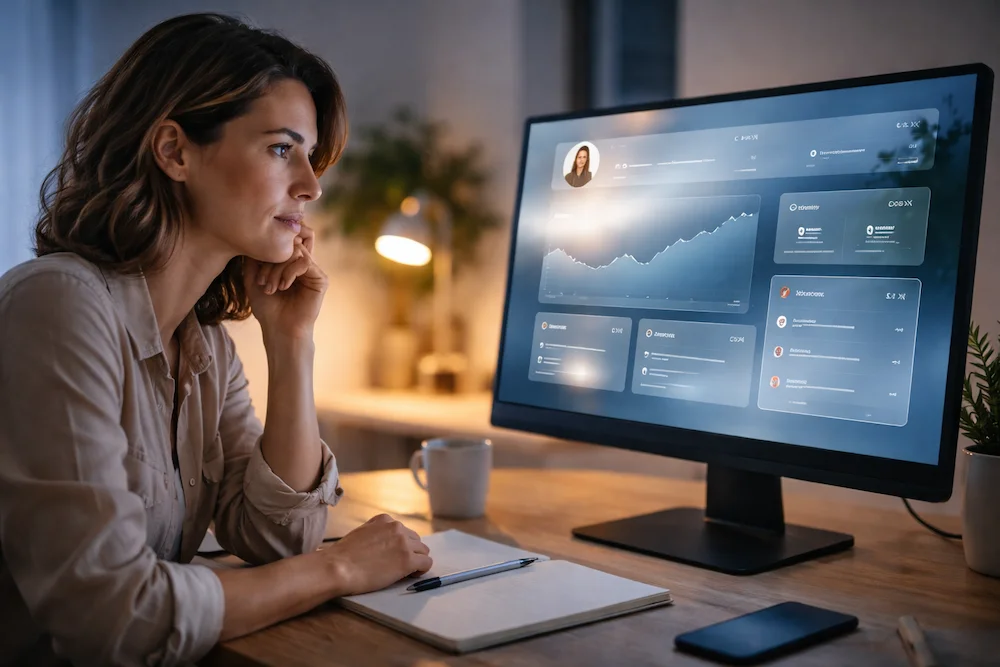 Femme concentrée sur son tableau de bord