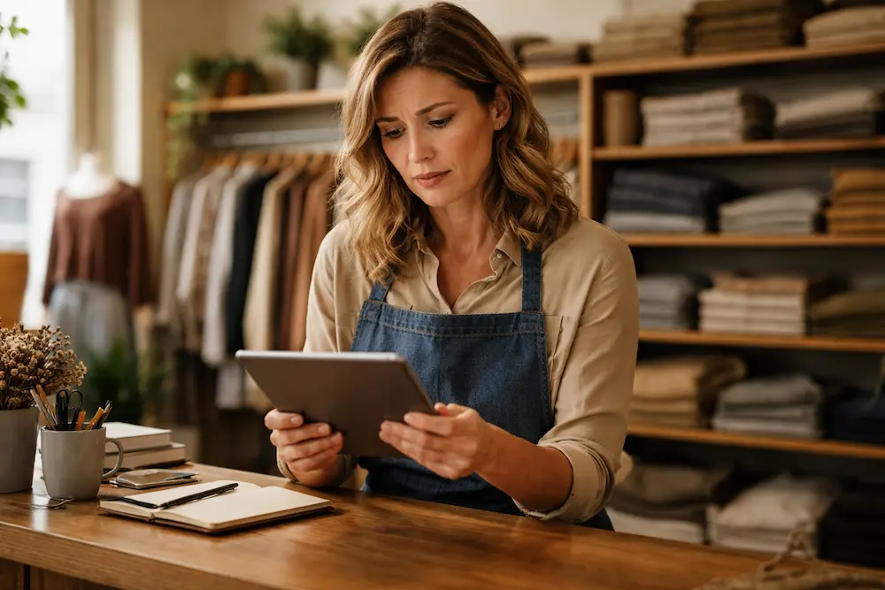 Femme devant le comptoir de boutique