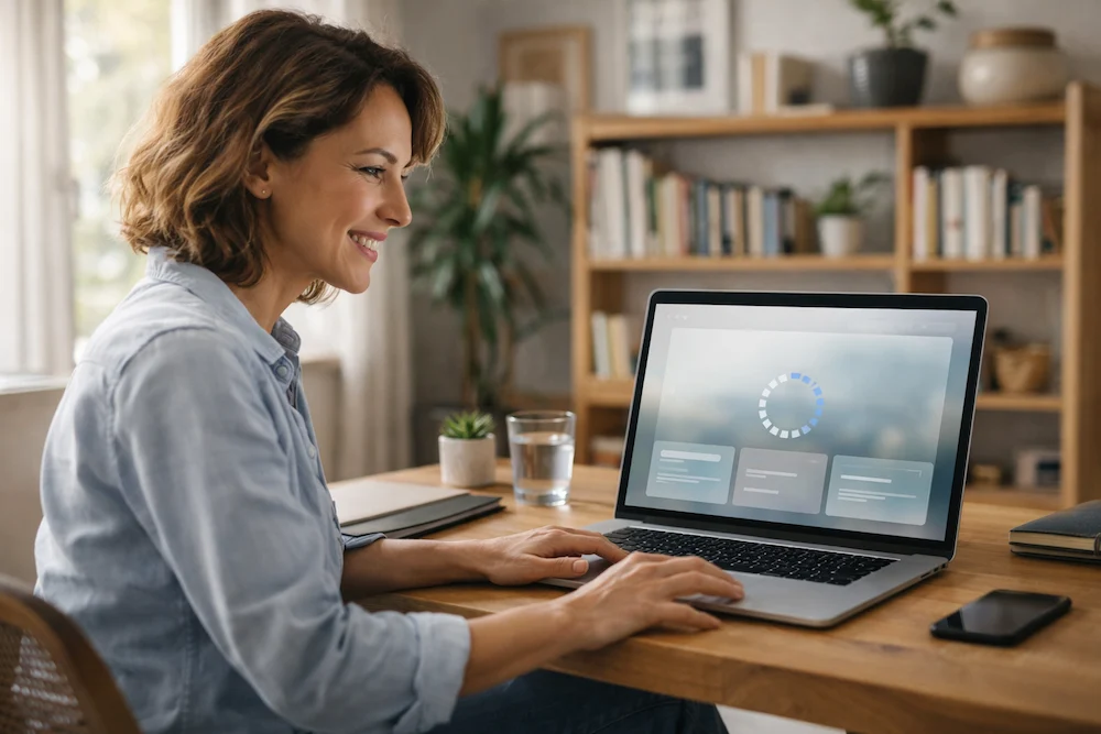 Femme souriante dans son bureau lumineux