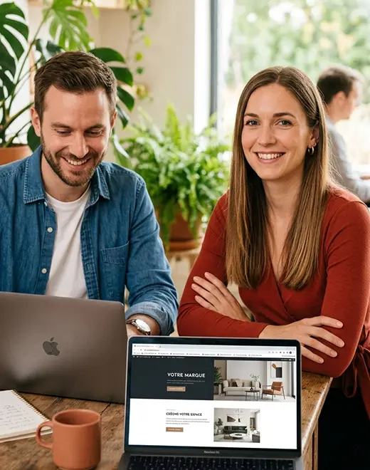 Un duo d'entrepreneurs complices travaillant sur leur image de marque dans un espace de travail lumineux, moderne et végétalisé