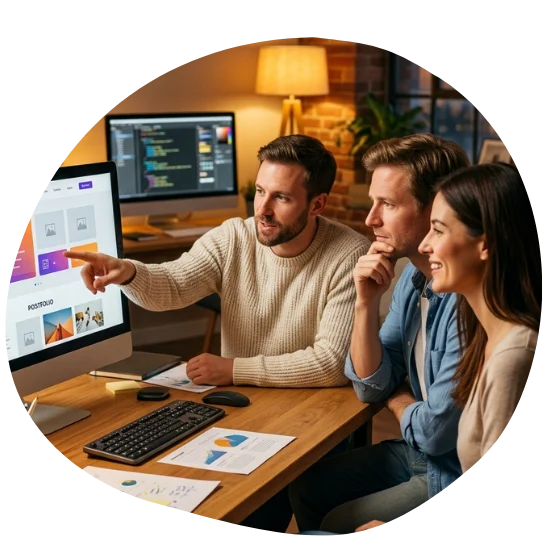 Un web designer présente une maquette de portfolio à un couple lors d'une consultation dans un bureau à domicile confortable le soir