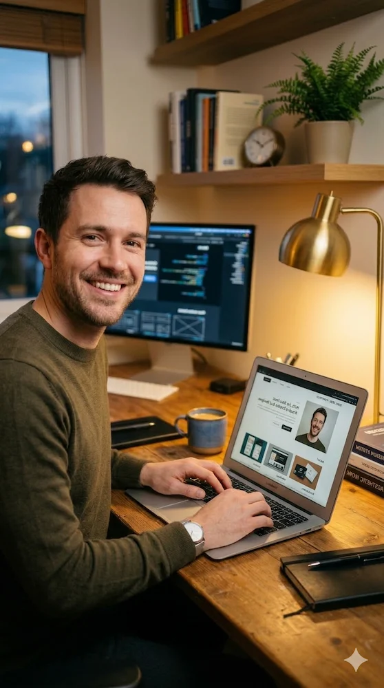Webdesigner concentré sur la refonte de site internet dans un espace de travail