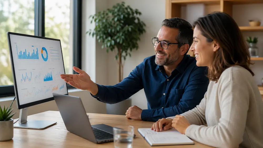 Collaborative discussion in a bright office