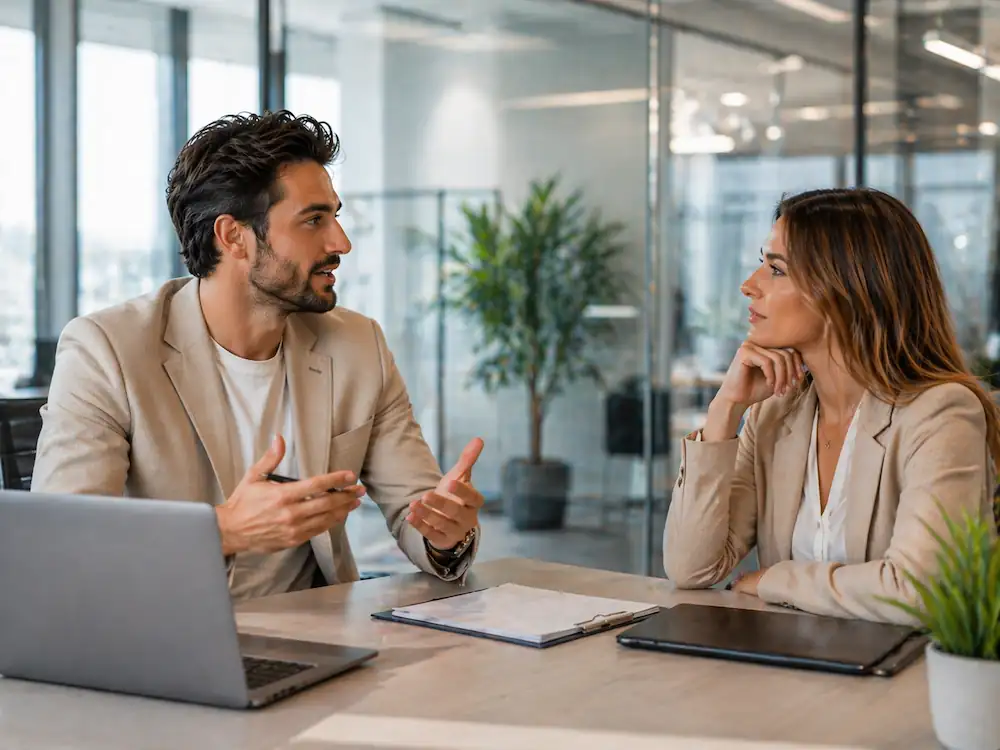 Conversation professionnelle dans un bureau moderne
