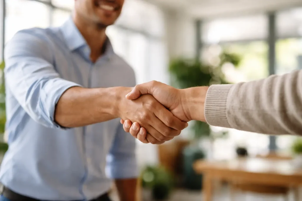 Poignée de main professionnelle dans un bureau moderne suite à la création de site internet sur mesure