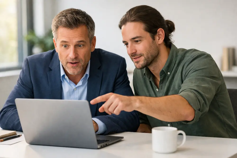 Professionnels en discussion devant un ordinateur