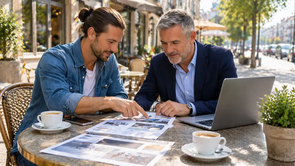 Réunion en terrasse de café ensoleillée