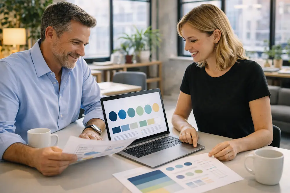 Dirigeant et webdesigner alignent identité visuelle et référencement pour site WordPress