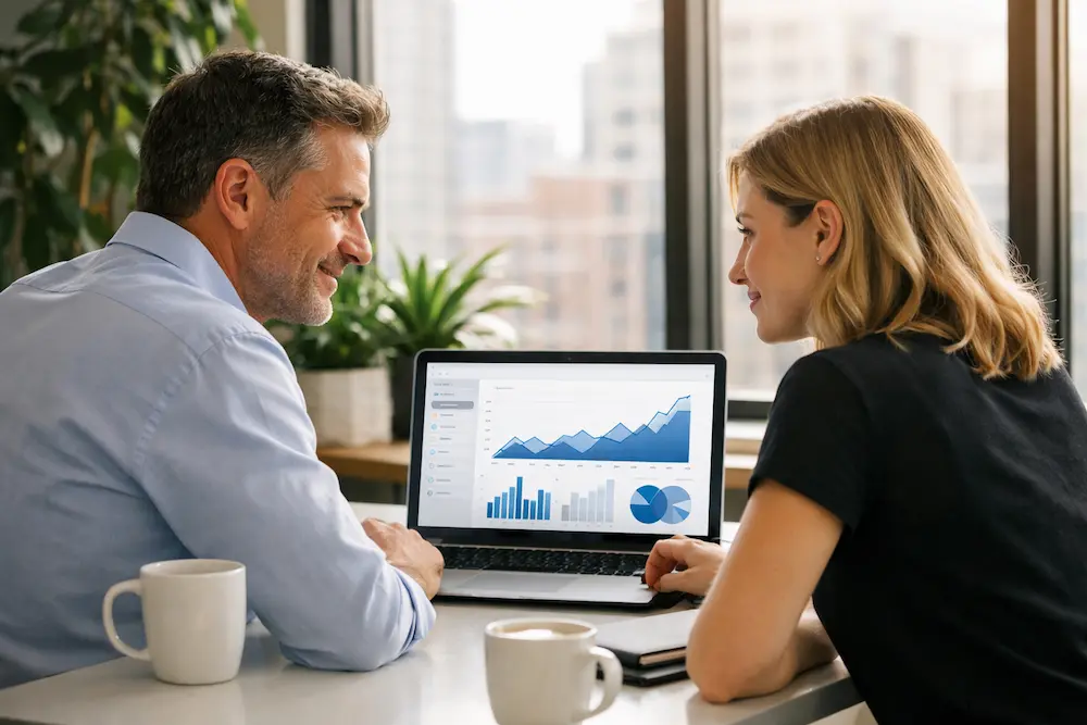 Dirigeant et webdesigner analysent le référencement pour site WordPress