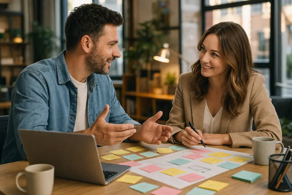 Webdesigner et dirigeant travaillent les mots-clés pour le référencement pour site WordPress