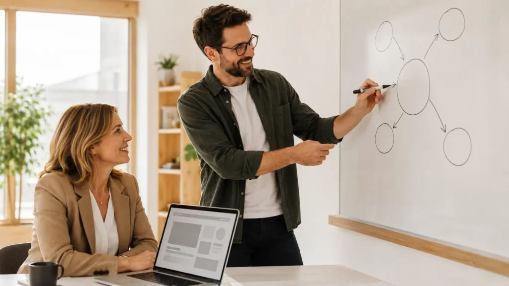 Sécurité site WordPress - Collaborative brainstorming in a bright office