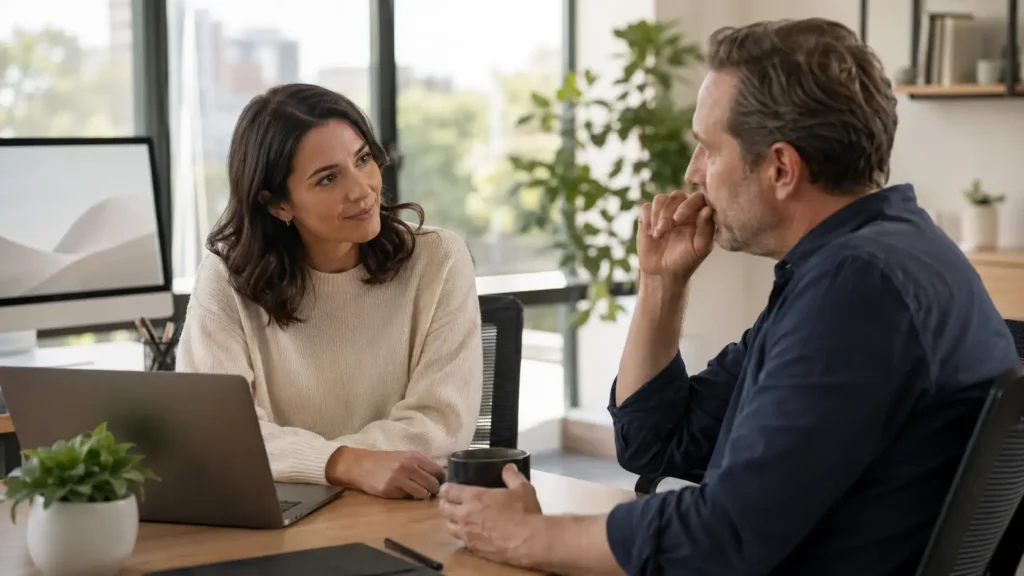 Sécurité site WordPress - Focused conversation in a modern office