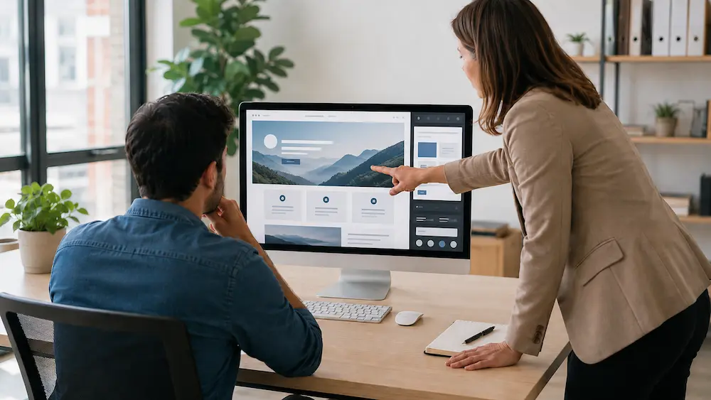 Une webdesigner montre le tableau de bord d'un site à un dirigeant assis devant son écran