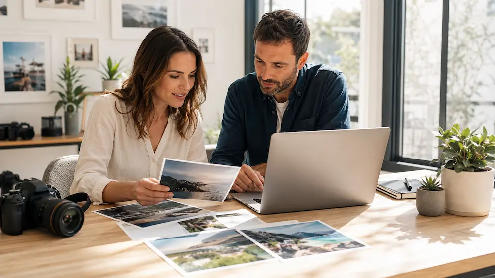 Un dirigeant et son webdesigner choisissent des photos pour le site sur un bureau lumineux