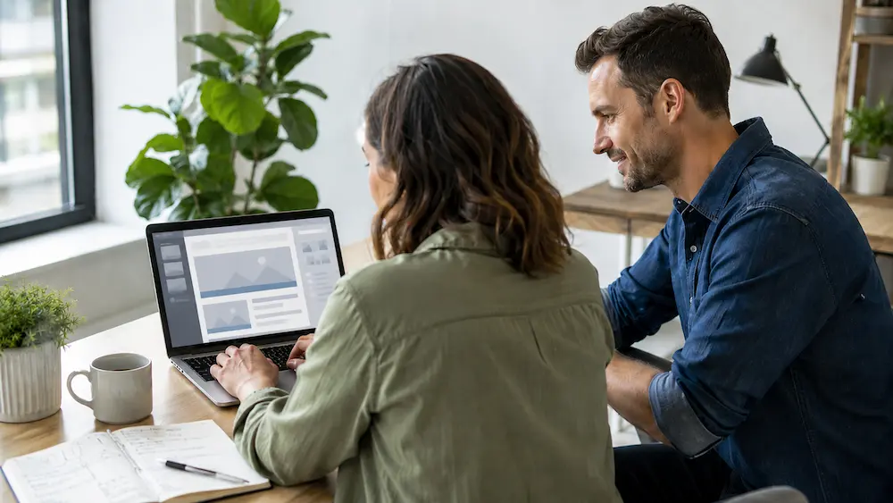 Un dirigeant rédige un article de blog sur son ordinateur, accompagné de son webdesigner