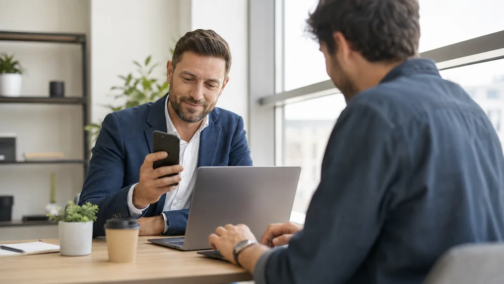 Un dirigeant consulte un site web sur son smartphone pendant que le webdesigner vérifie l'affichage sur ordinateur portable