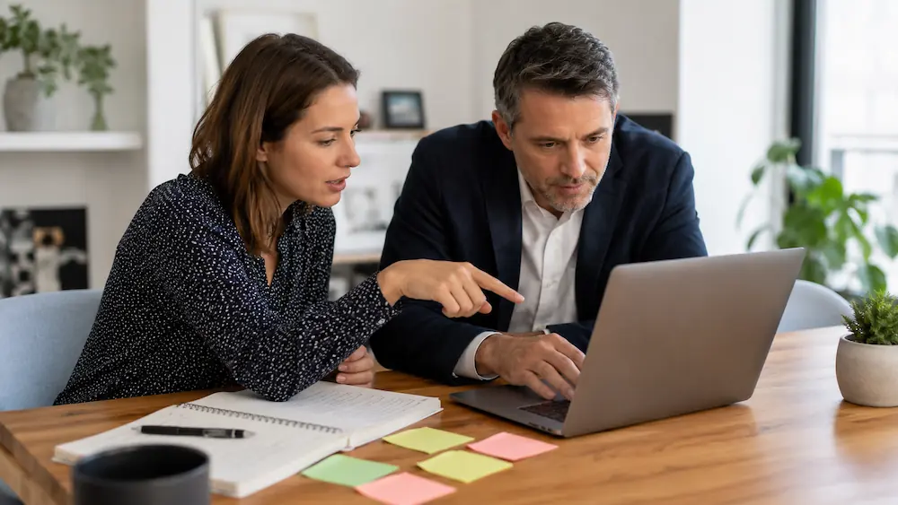 Webdesigner et dirigeant analysent les performances d'un site web pour améliorer son expérience utilisateur, pense-bêtes colorés sur le bureau