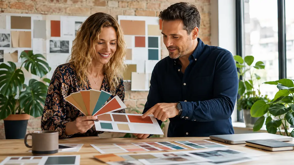 Webdesigner et dirigeant comparant un nuancier de couleurs pour le site web, entre tons naturels et couleur d’accent vive