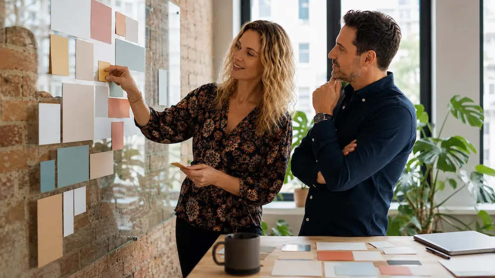 Webdesigner organisant des blocs de contenu en grille modulaire de type bento sur un bureau en bois clair