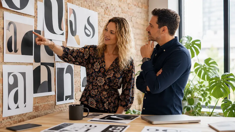 Webdesigner présentant de grandes typographies imprimées à un dirigeant, illustrant la tendance des titres expressifs en 2026
