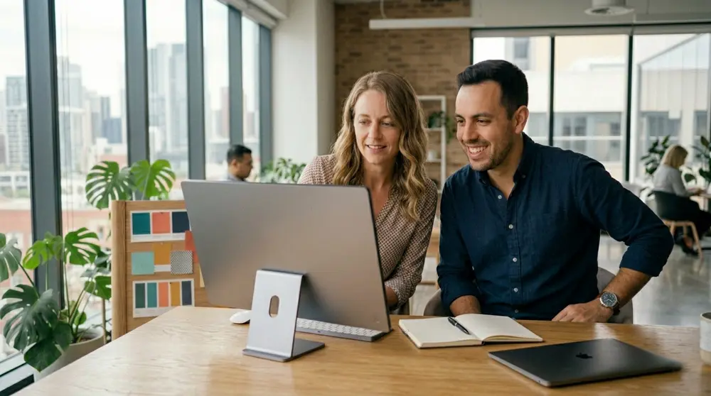 Webdesigner présentant un site web à un dirigeant satisfait sur un écran de bureau